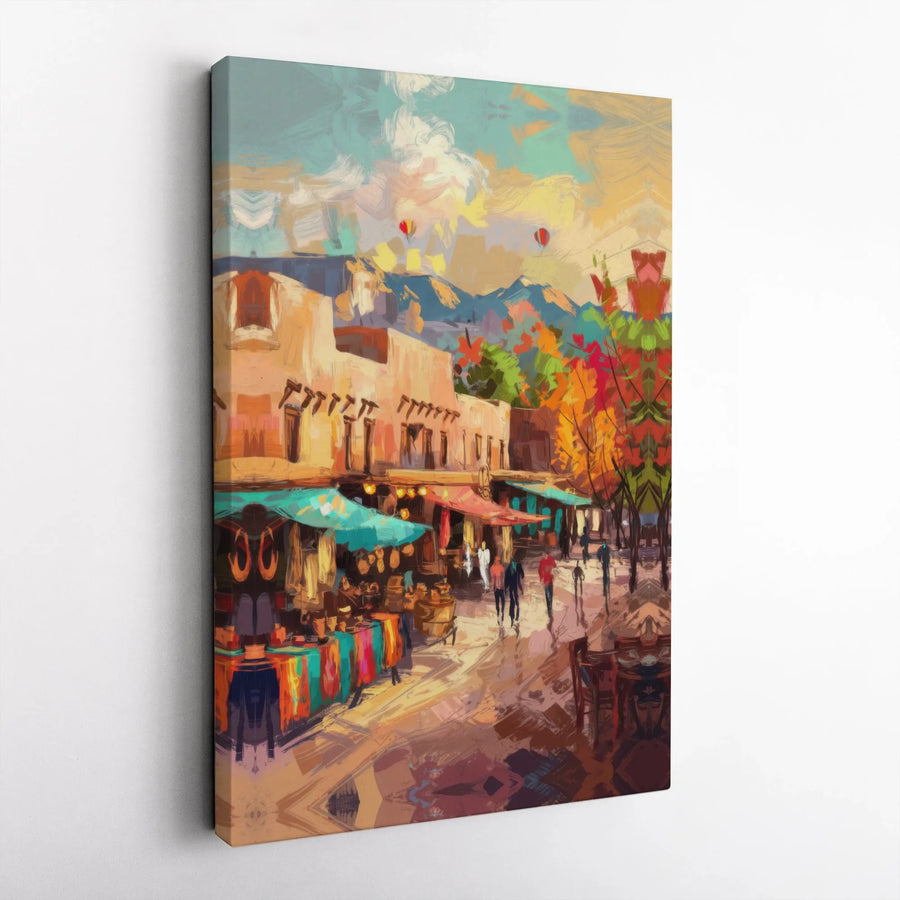 Santa Fe Street Market Canvas Art | Impressionist Southwest Town Print | Premium Gallery Wrap Decor | Southwestern Home Office Gift