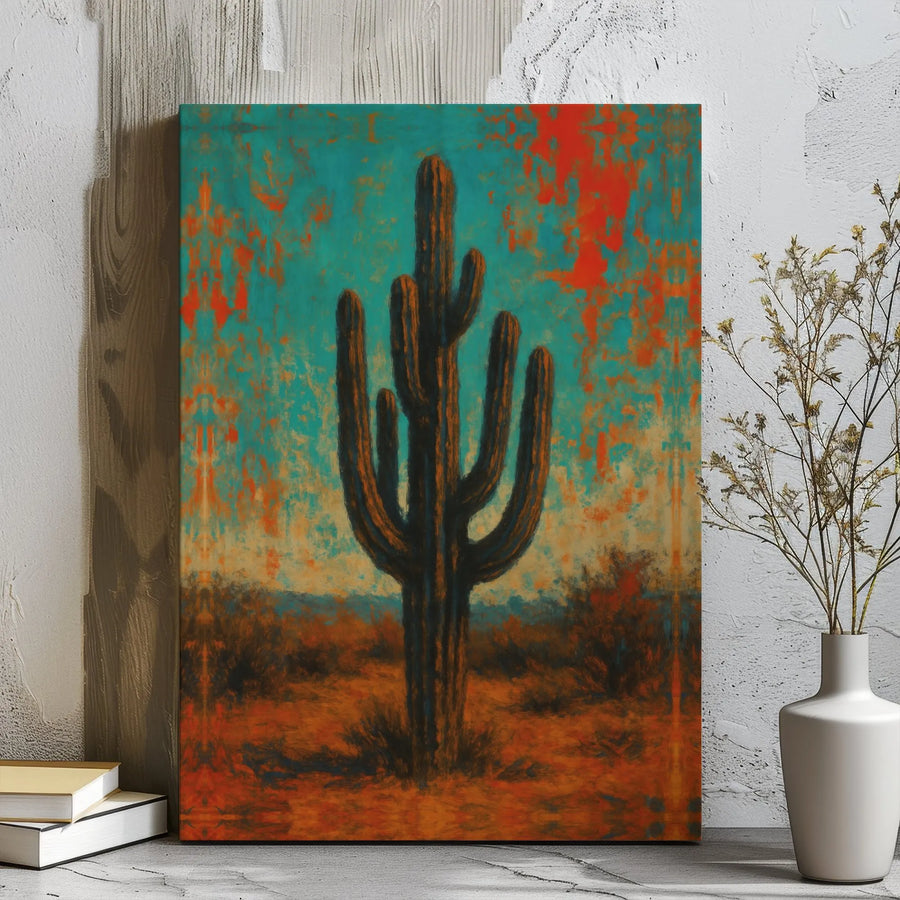 Saguaro Cactus Wall Art | Southwestern Teal and Orange Canvas Print | 1.25 Inch Gallery Wrap | Desert Landscape Gift for Home Decor