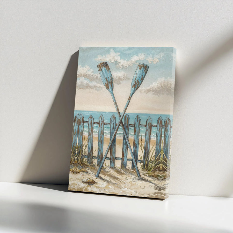 Coastal Oars Wall Art | Rustic Beach Decor With Picket Fence | Gallery Wrap Premium Canvas | Nautical Home Decor For Lake House Or Beach Cottage