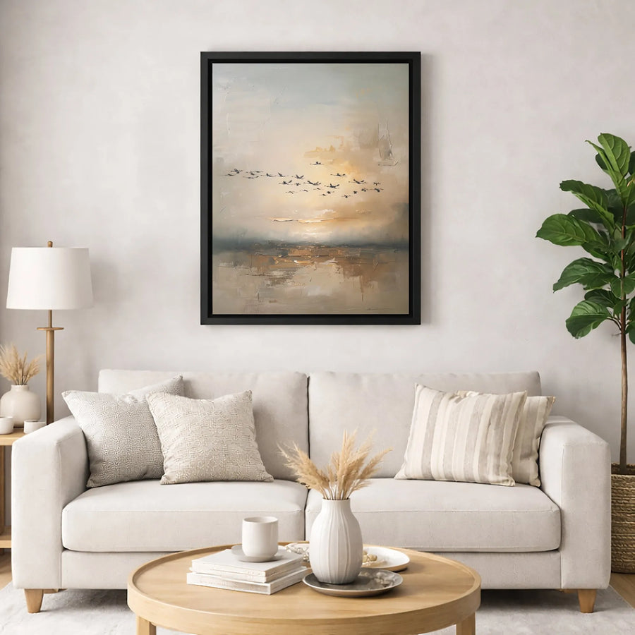 Abstract Sunset Birds Canvas Wall Art | Textured Coastal Landscape Print | Premium Fade-Resistant Gallery Wrap | Modern Home Decor Gift
