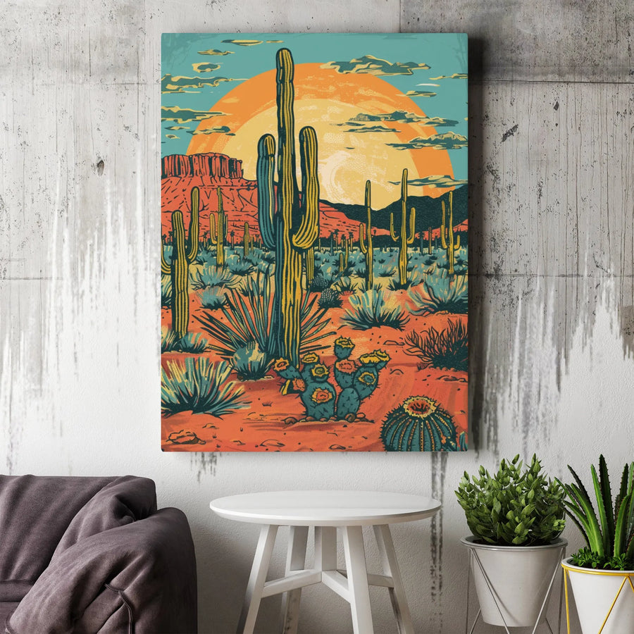 Vintage Desert Landscape Canvas Art | Saguaro Cactus Sunset Wall Decor | 1.25-Inch Premium Gallery Wrap | Southwestern Home Office Gift