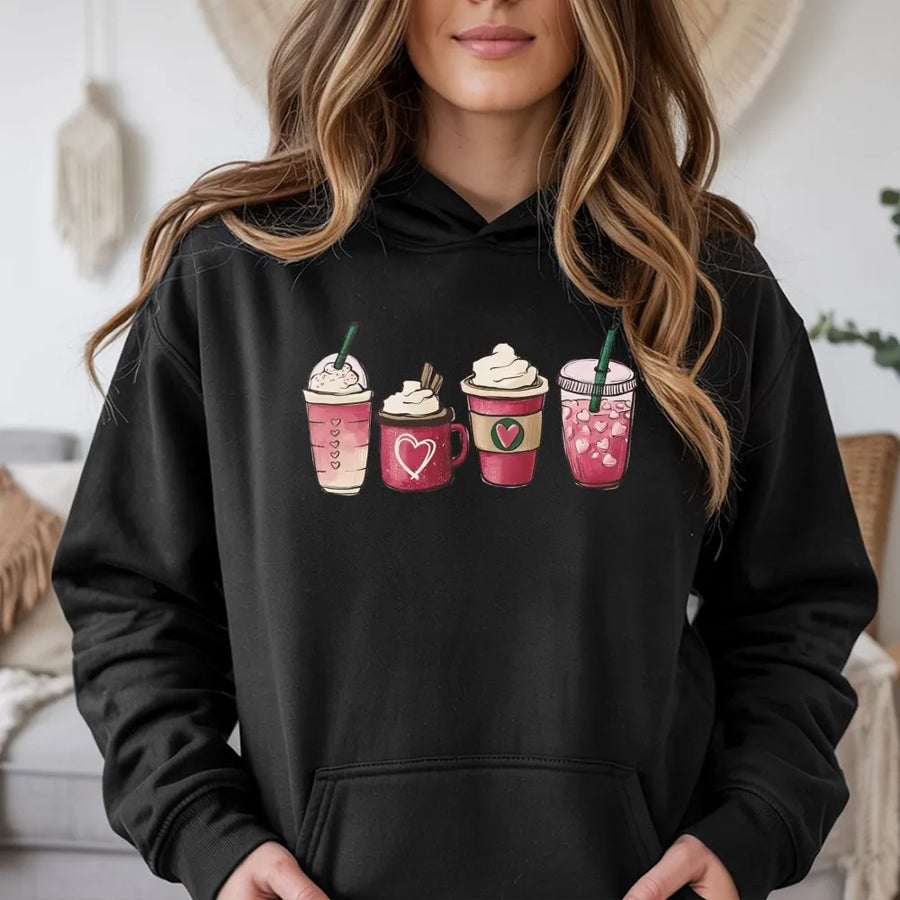 Valentine Coffee Hoodie | Heart Drinks Graphic Illustration | Premium Cotton-Poly Blend | Cute Valentines Day Gift for Coffee Lovers