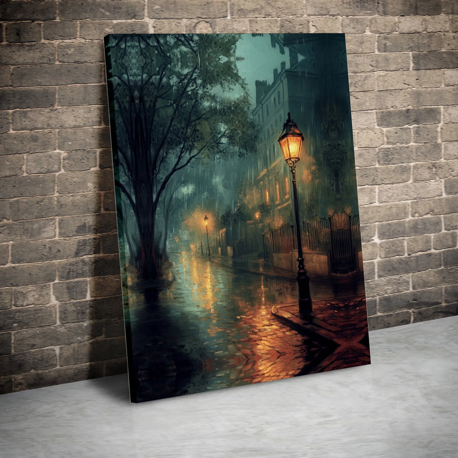 Rainy Street Canvas Wall Art | Moody Urban Night Cityscape | Gallery Wrapped Premium Print | Atmospheric Home Decor Gift