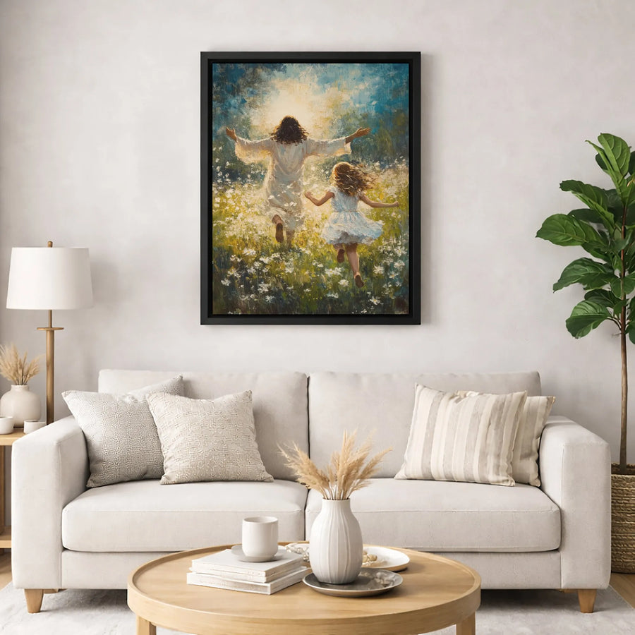 Jesus and Child Canvas Print | Floral Meadow Religious Wall Art | Premium Fade-Resistant Gallery Wrap | Meaningful Sympathy or Nursery Gift