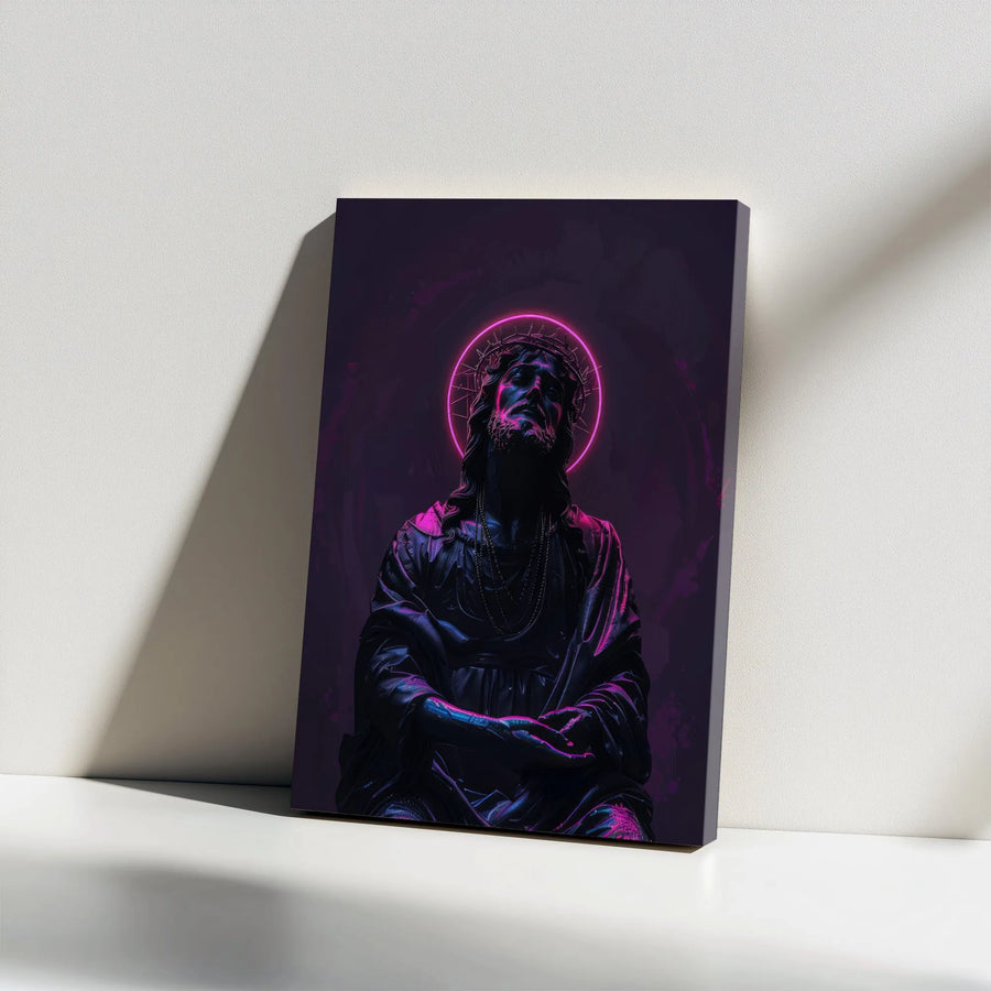 Jesus Christ Canvas Wall Art | Modern Cyberpunk Style with Neon Halo | Premium Gallery-Wrapped Print | Christian Home Decor Gift