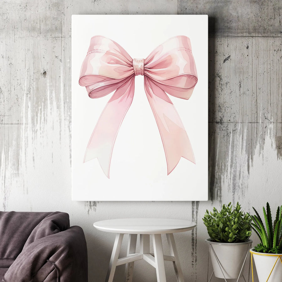 Pink Bow Canvas Wall Art | Watercolor Ribbon Print Decor | Premium Gallery Wrapped Canvas | Gift for Baby Girl Nursery