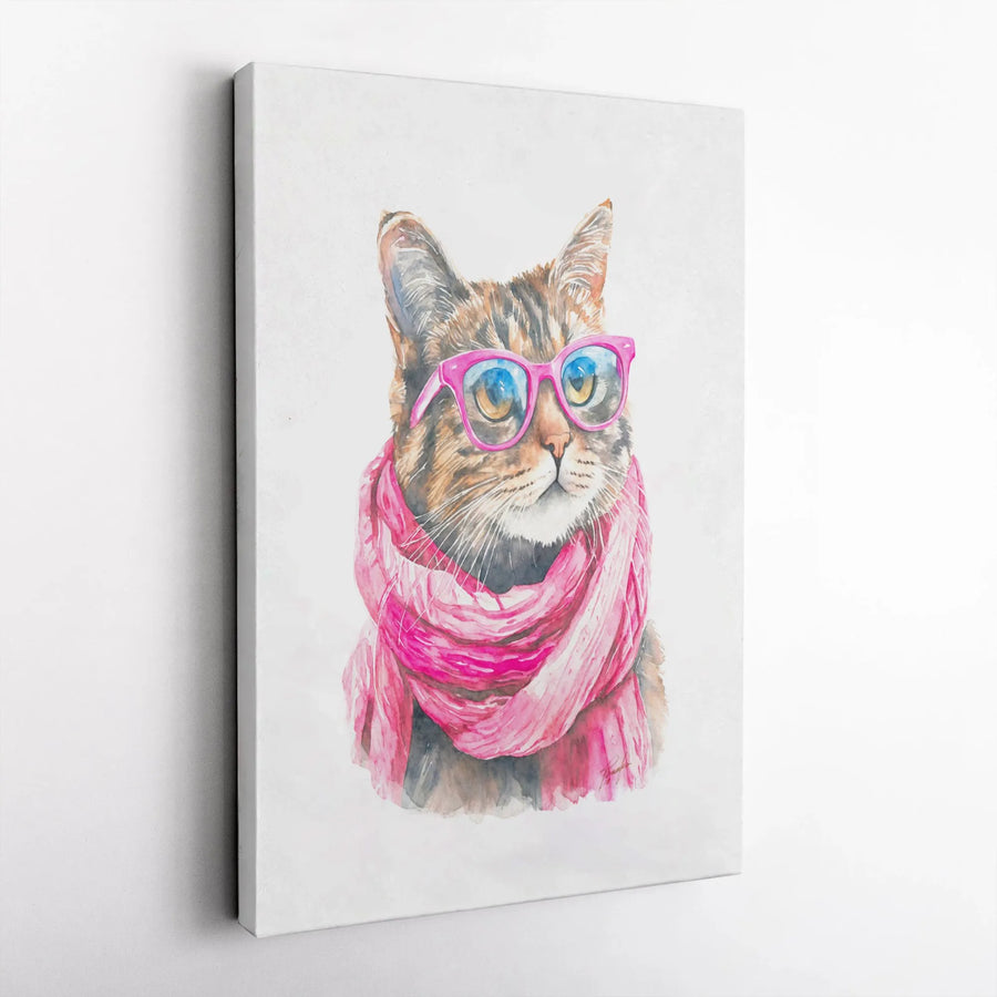 Watercolor Tabby Cat Canvas | Hipster Pet Art with Pink Glasses | Gallery-Quality 1.25-Inch Profile | Whimsical Animal Wall Decor Gift