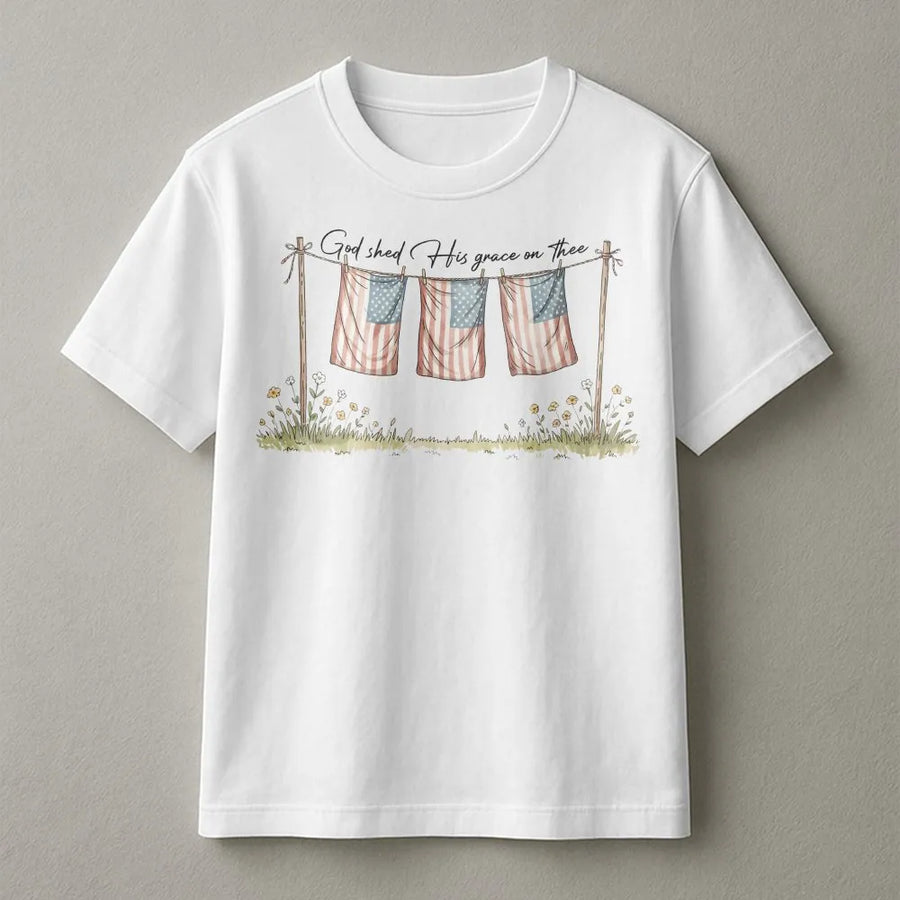 Christian Patriotic Shirt | Vintage American Flags on Clothesline Design | Premium Soft Cotton Tee | 4th of July & Independence Day Gift