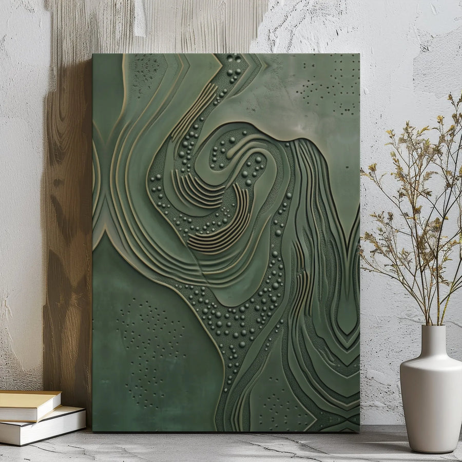 Abstract Green Wall Art | 3D Textured Topographical Bas-Relief Print | Premium Gallery Wrap Canvas | Modern Minimalist Home Decor for Office