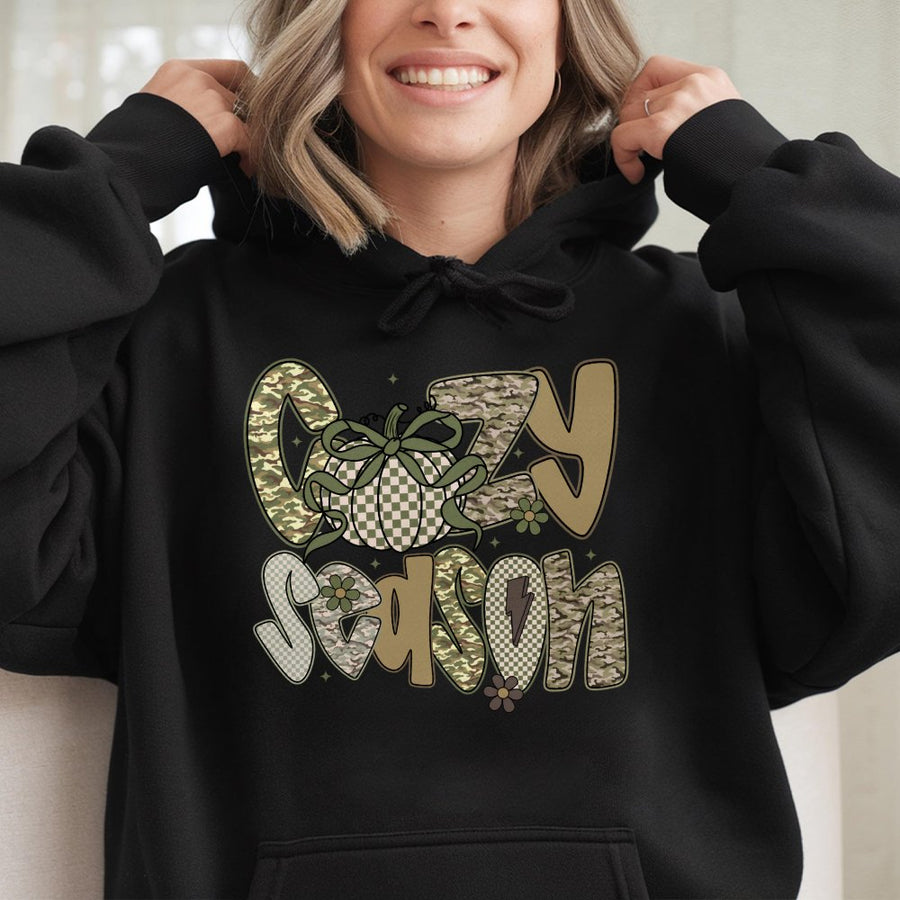 Cozy Season Hoodie | Fall Pumpkin Camo Graphic | Premium Cotton Blend | Autumn Aesthetic Gift For Her