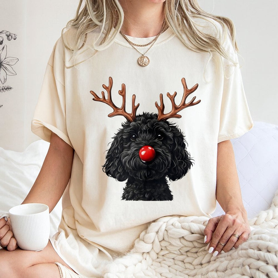 Goldendoodle Christmas T-Shirt | Reindeer Antlers & Red Nose Graphic | Premium 100% Cotton | Funny Holiday Gift for Doodle Dog Lovers