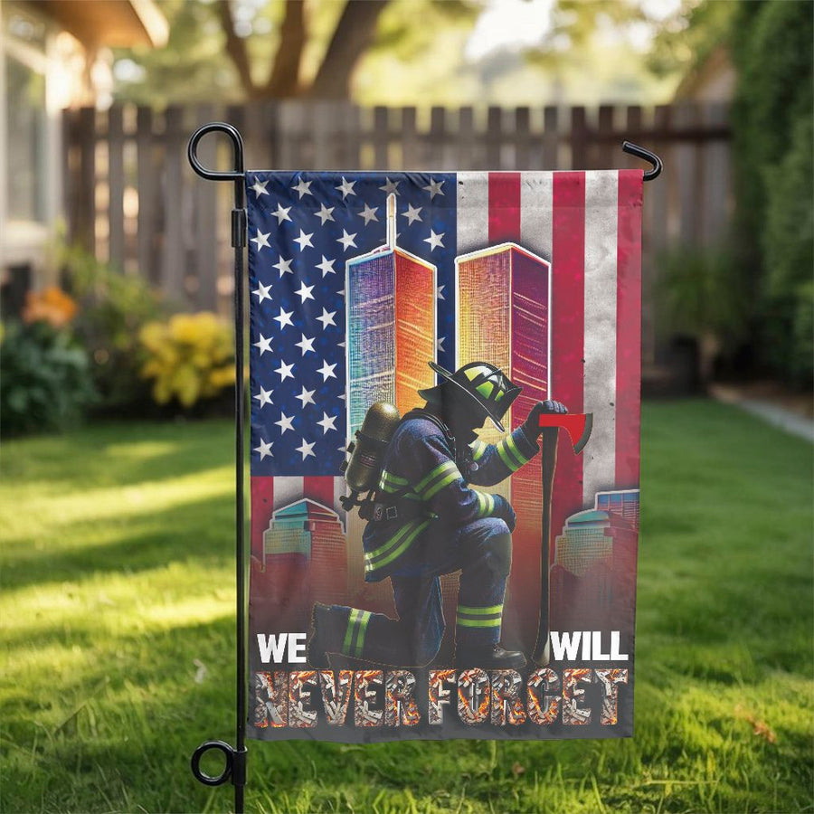 9/11 Memorial Garden Flag | We Will Never Forget Firefighter Tribute | Weather-Resistant Polyester Yard Decor | Patriotic Remembrance Gift