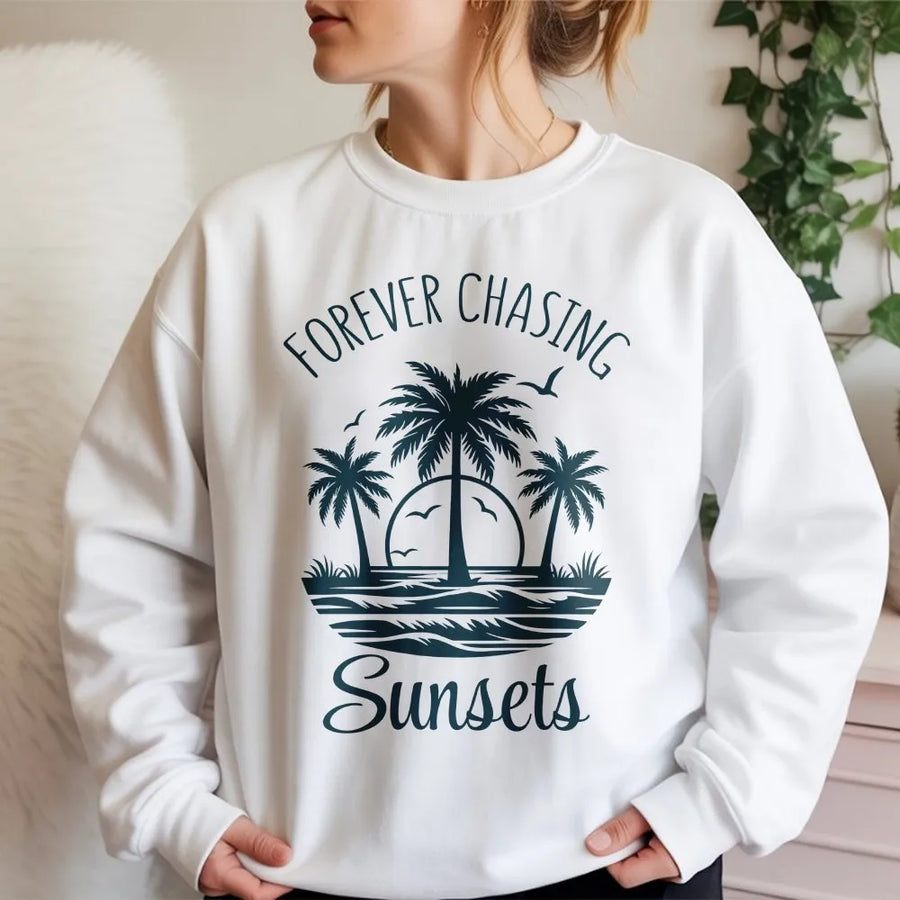 Chasing Sunsets Sweatshirt | Coastal Palm Tree Graphic Pullover | Soft Cotton Blend | Summer Vacation Gift for Beach Lover