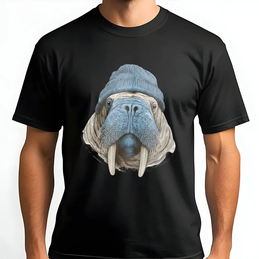 Walrus T-Shirt | Cute Arctic Animal With Blue Beanie | 100% Cotton Premium Unisex Tee | Funny Hipster Wildlife Gift For Animal Lovers