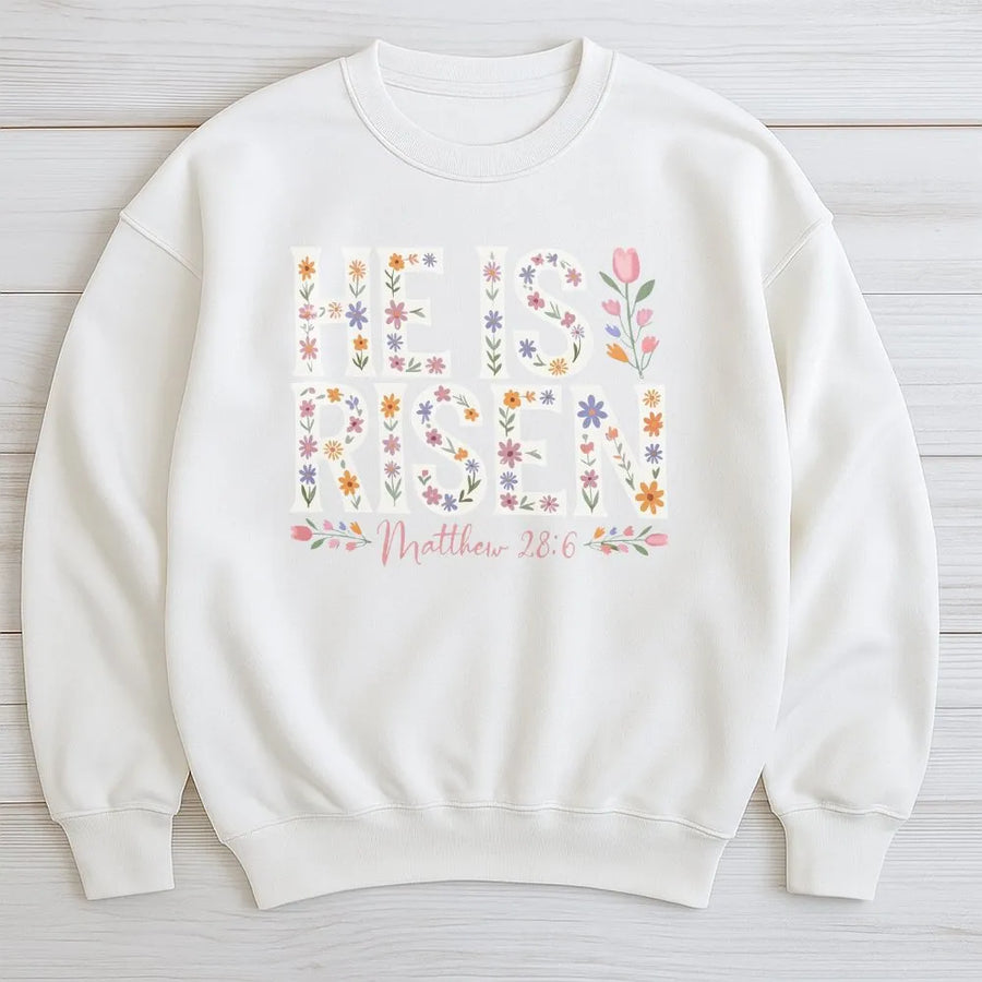 He Is Risen Floral Sweatshirt | Vintage Easter Christian Graphic | Soft Cotton Polyester Blend | Religious Apparel Gift for Women Men