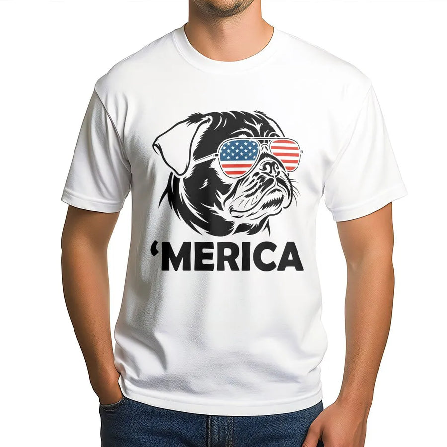 Funny 4th of July Pug T-Shirt | 'Merica Dog with Sunglasses | Premium Soft Cotton Blend | Patriotic Gift for Pug Owner