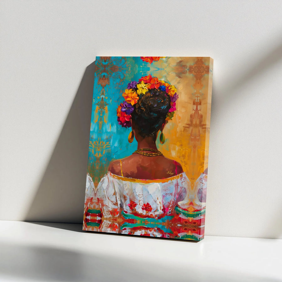 Black Woman Art Canvas Print | Vibrant Floral Crown Abstract Portrait | Premium Gallery Wrapped Canvas | Living Room Decor Gift
