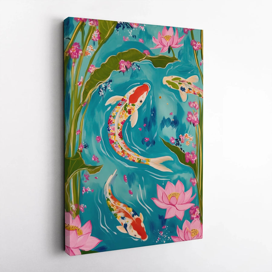 Koi Fish Canvas Wall Art | Vibrant Pink Lotus Floral Pond Painting | Gallery Wrapped Premium Decor | Nature Inspired Zen Home Gift