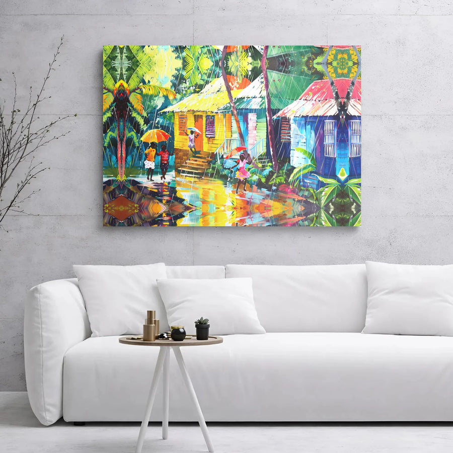 Tropical Rain Village Canvas Print | Vibrant Caribbean Street Art | Premium 1.25" Gallery Wrap | Colorful Home Decor Gift