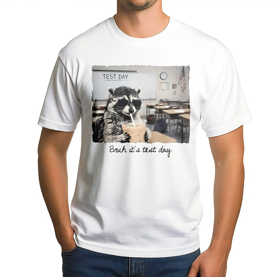 Funny Test Day T-Shirt | Raccoon Graphic "Bruh It's Test Day" | Cozy Teacher Crewneck | Student Motivation Gift for Final Exams