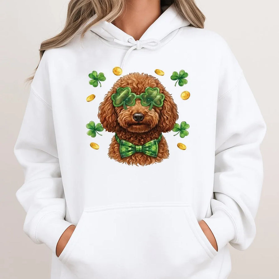 St Patrick's Day Dog Hoodie | Funny Shamrock Glasses Doodle Puppy Graphic | Soft Cotton Blend Sweatshirt | Lucky Irish Gift for Dog Lovers
