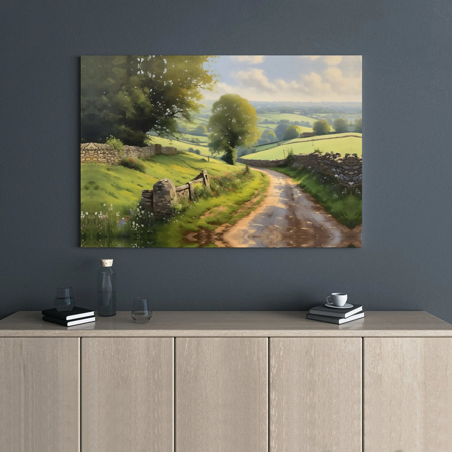 Country Landscape Canvas Print | Rolling Green Hills & Stone Wall Path | 1.25" Gallery Wrap | Nature Home Decor Wall Art
