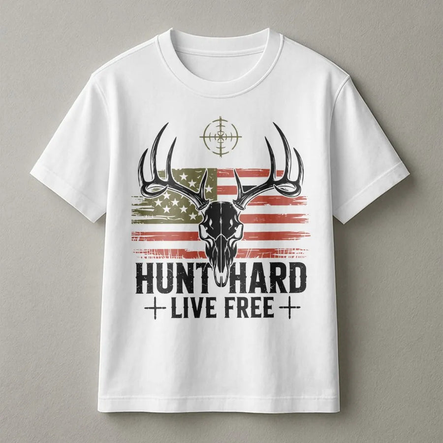Hunting T-Shirt | Deer Skull American Flag Graphic | Premium Cotton Unisex Tee | Gift for Outdoorsman Hunter