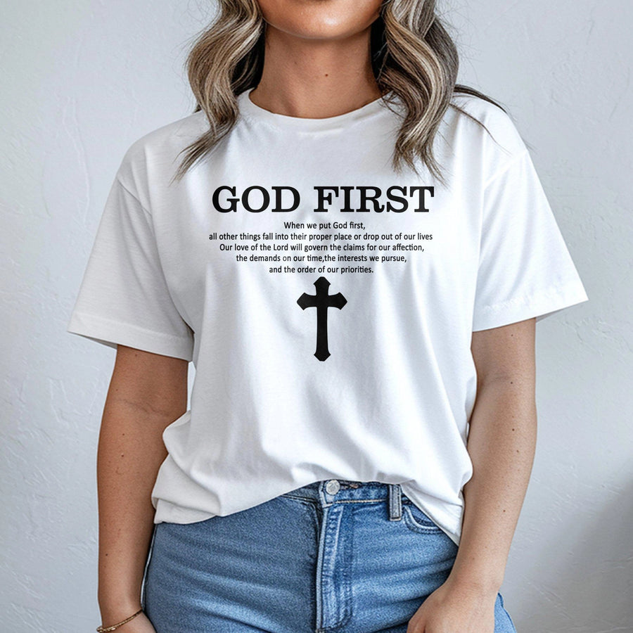 God First Christian T-Shirt | Faith Quote With Cross Graphic | Premium 100% Cotton | Religious Gift For Men And Women