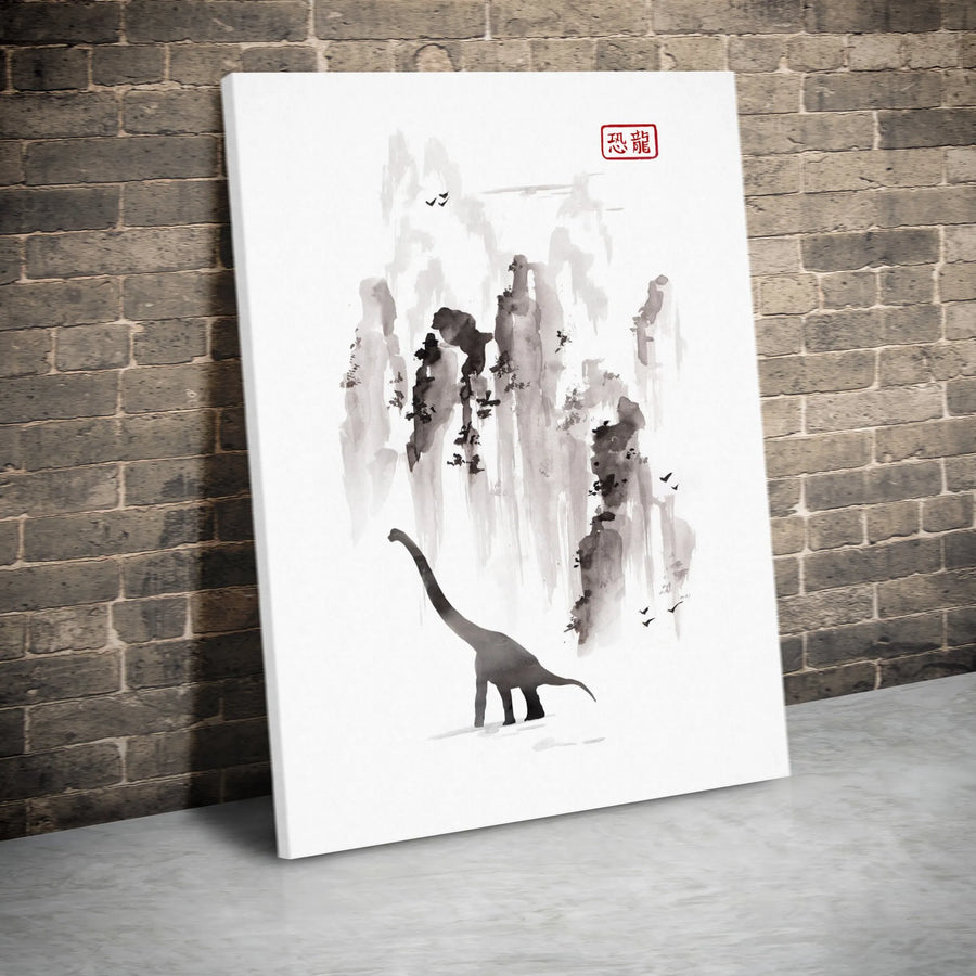 Dinosaur Canvas Wall Art | Japanese Ink Wash Brontosaurus Print | Premium Gallery Wrapped Canvas | Zen Home Decor Collector's Gift