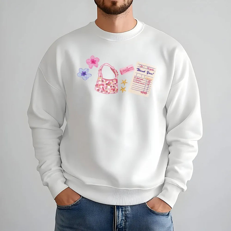 Y2K Aesthetic Sweatshirt | Cute Pink Purse & Floral Graphic | Soft Cotton Blend | Trendy Coquette Gift for Her