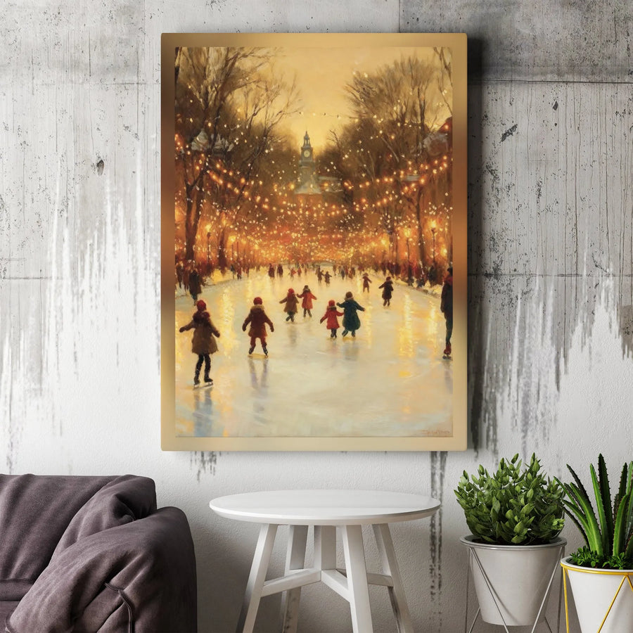 Winter Ice Skating Canvas Art | Christmas Park Lights Scene | Gallery-Quality 1.25" Profile | Festive Holiday Home Decor Wall Print