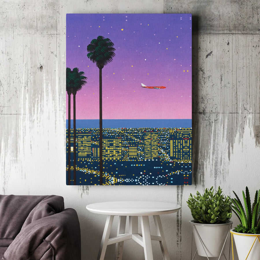 Retro City Night Canvas Print | Los Angeles Aesthetic Palm Trees Wall Art | Premium 1.25 Inch Gallery Wrap | Modern Home Decor Gift