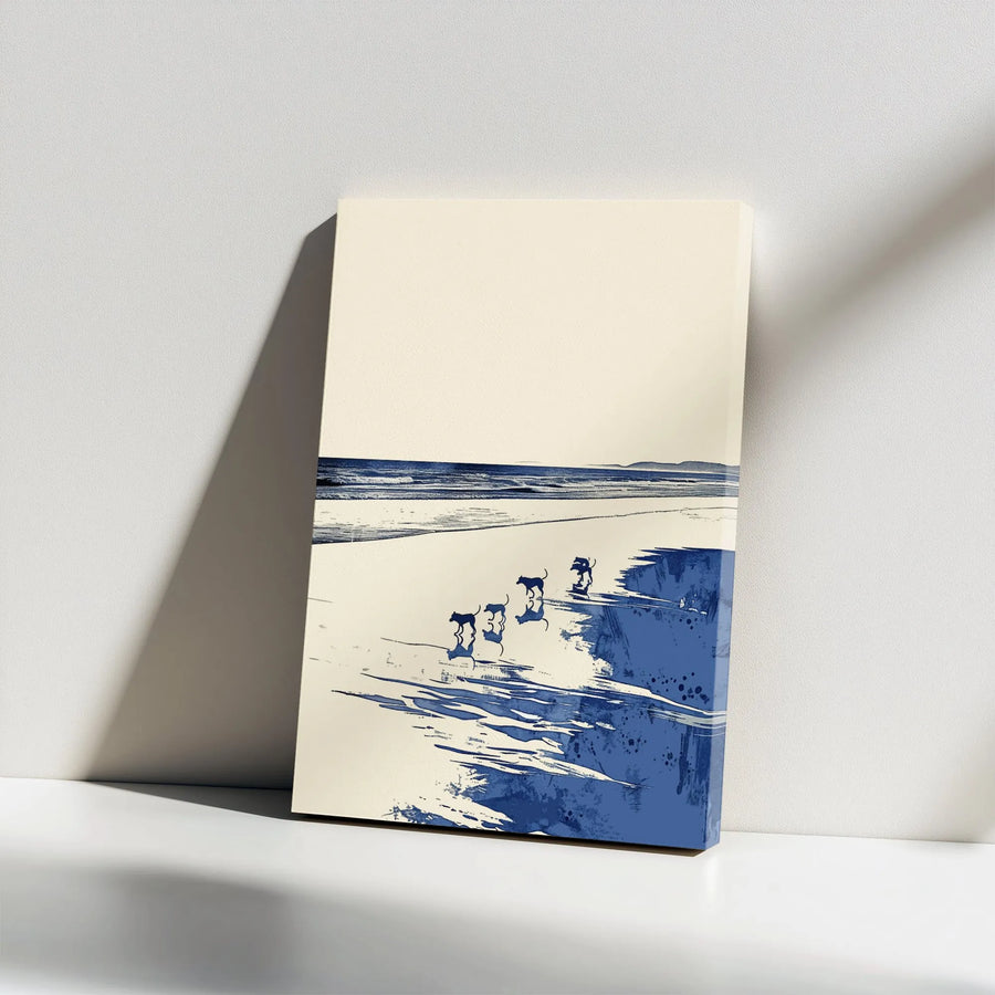 Abstract Dogs on Beach Canvas Print | Minimalist Coastal Dog Scene | Premium Gallery Wrapped Canvas | Modern Home Decor Gift for Dog Lover