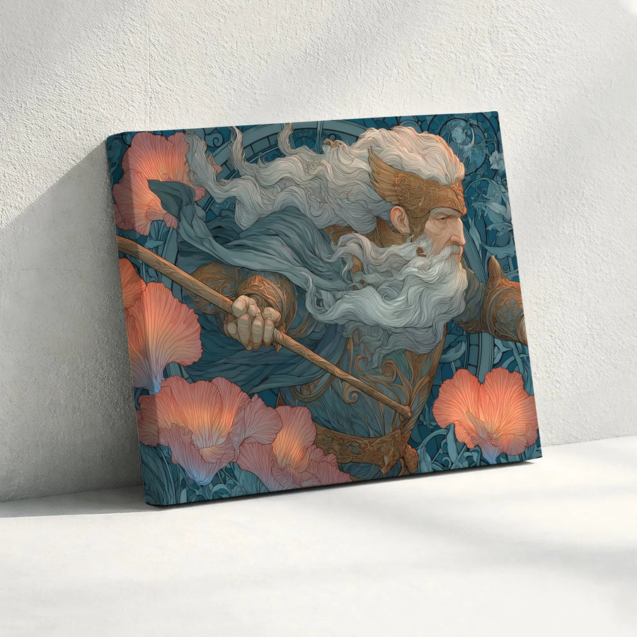 Norse Mythology Canvas Wall Art | Odin God Portrait Art Nouveau Print | Premium Gallery Wrapped Decor | Mythological Home Office Decor Gift