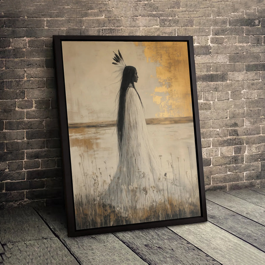 Native American Woman Wall Art | Abstract Gold Leaf Canvas Print | Premium Gallery Wrap Decor | Southwestern Spiritual Home Gift