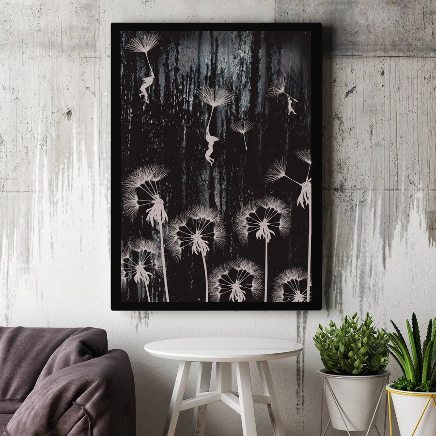 Surreal Dandelion Seed Wall Art | Whimsical Flying People Illustration | Premium Fade-Resistant Gallery Canvas | Dreamy Home Decor Gift