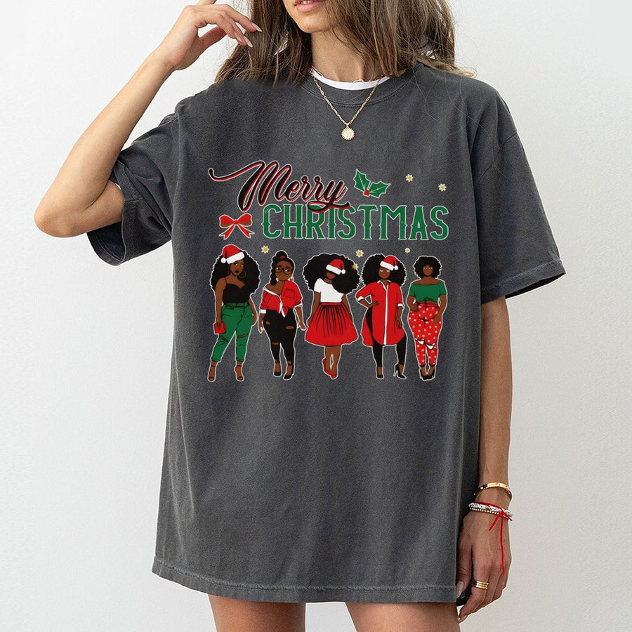 Merry Christmas Black Queen T-Shirt | African American Sisters Santa Design | 100% Cotton Premium Apparel | Melanin Holiday Gift for Women