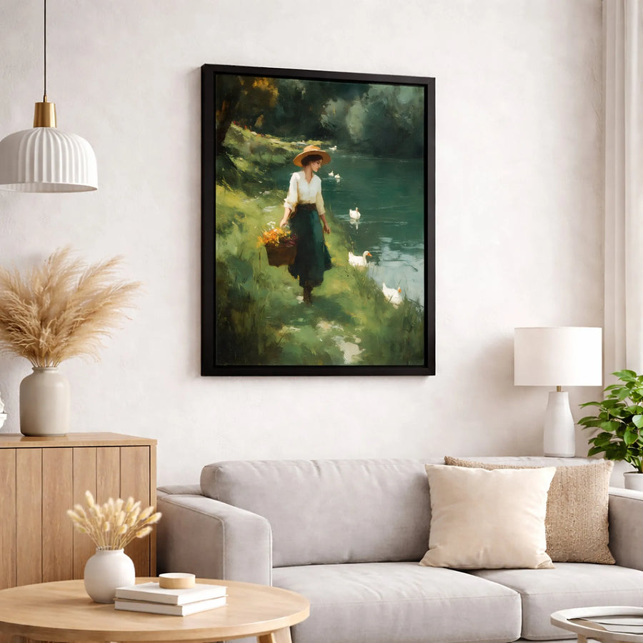 Cottagecore Lake Canvas Wall Art | Impressionist Woman with Flower Basket and Ducks | Premium Gallery-Wrapped Print | Countryside Home Decor Gift