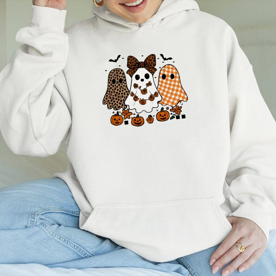 Cute Ghost Trio Hoodie | Leopard Print Gingham Bow Design | Premium Cotton-Poly Blend | Halloween Pumpkin Fall Gift for Her