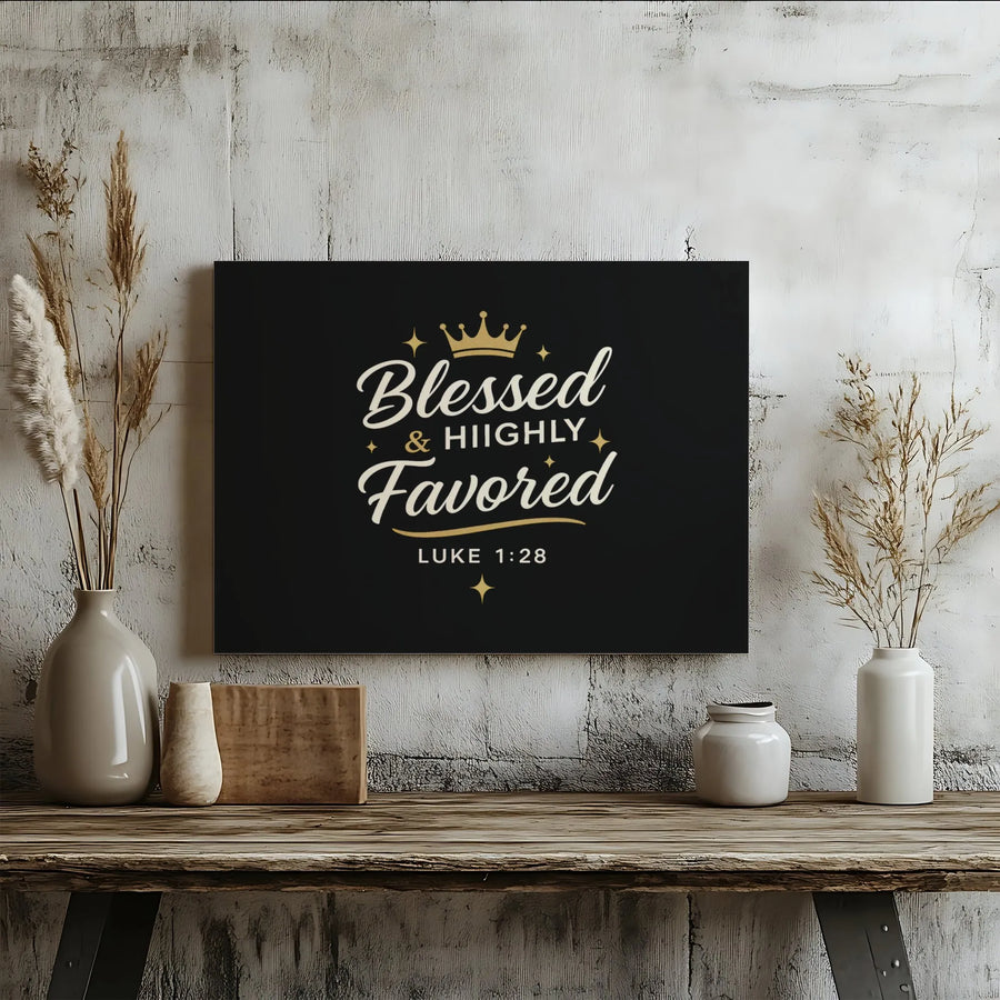 Blessed and Highly Favored Canvas Wall Art | Luke 1:28 Bible Verse Sign | Premium Gallery Wrapped Print | Christian Home Decor Gift for Women
