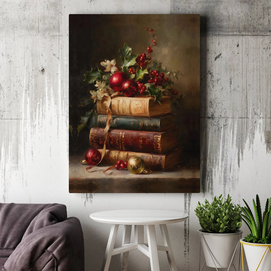 Vintage Christmas Book Canvas | Still Life Holly Berries Ornament Art | 1.25-Inch Gallery Wrap | Festive Seasonal Wall Decor Gift