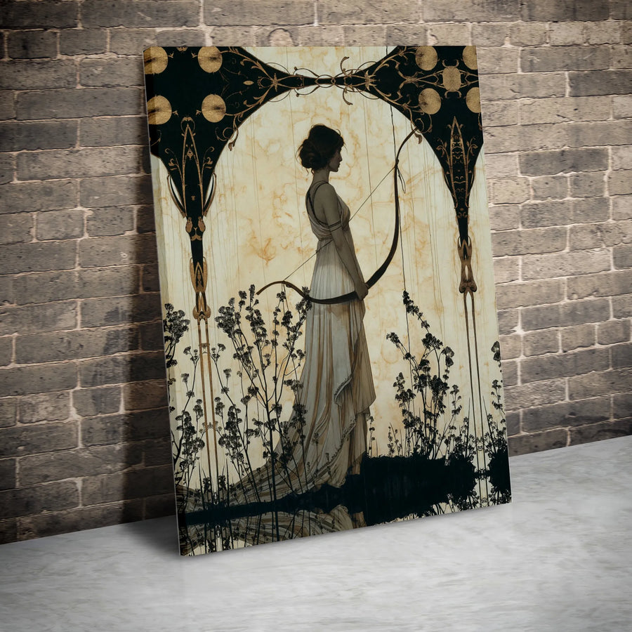 Artemis Wall Art Canvas | Art Nouveau Goddess Hunt Design | Premium Gallery Wrapped Decor | Mythological Home Office Gift