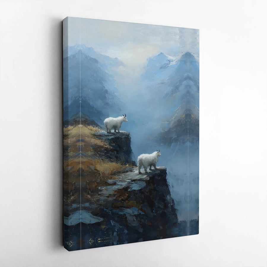Mountain Goat Wall Art | Majestic Misty Cliff Landscape Painting | Gallery-Quality 1.25" Thick Canvas Print | Nature Lover Home Decor Gift