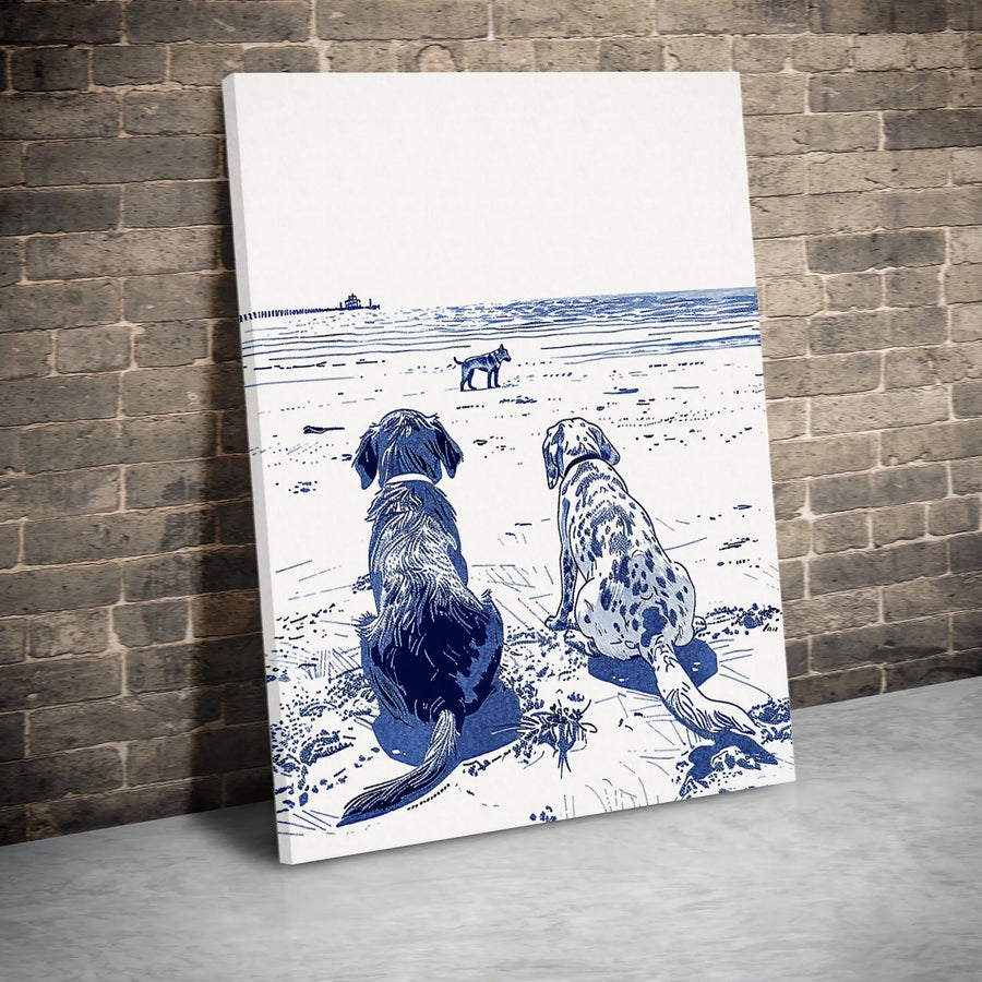 Dogs On Beach Canvas Wall Art | Coastal Blue And White Sketch | Gallery Quality 1.25 Inch Wrap | Dog Lover Gift Home Decor