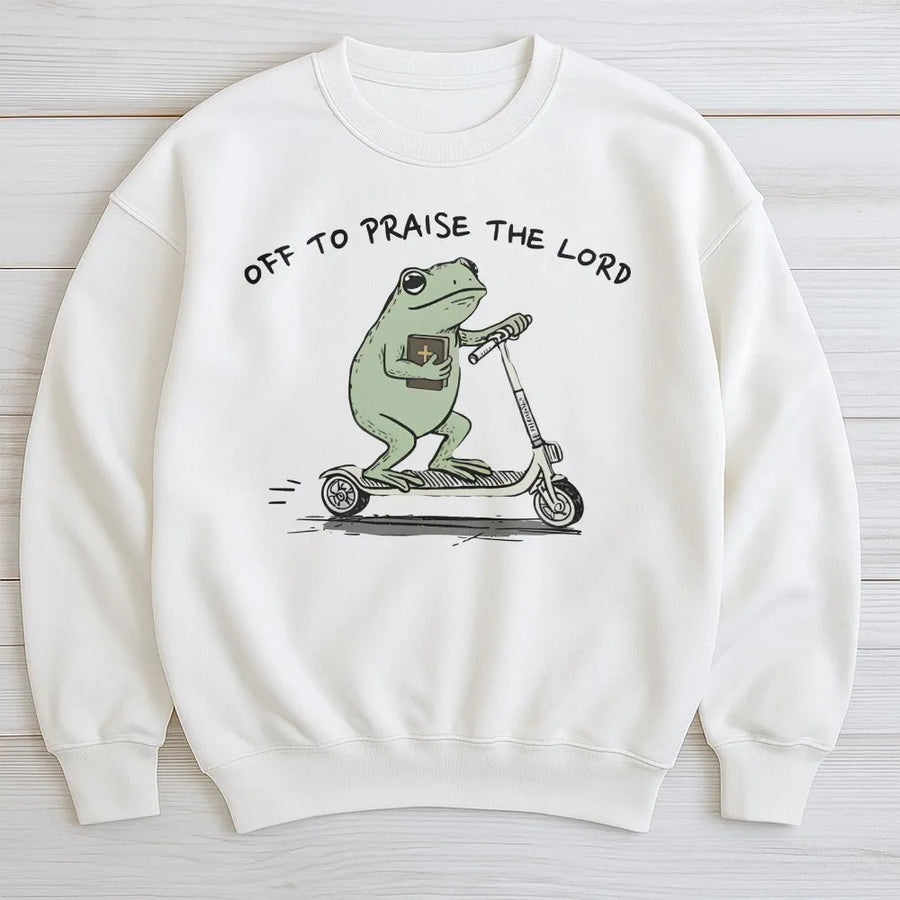 Funny Christian Frog Sweatshirt | Off To Praise The Lord Graphic | Premium Cotton-Blend | Bible Study Gift for Men & Women