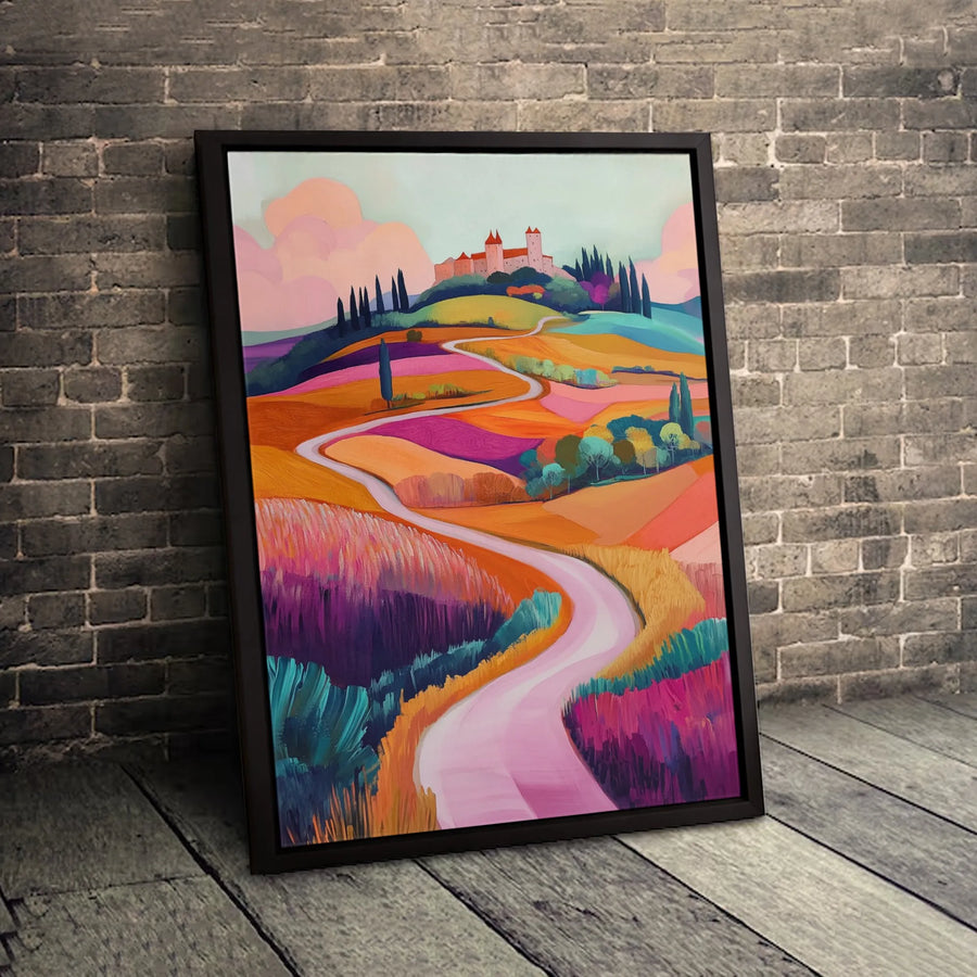 Tuscan Landscape Wall Art | Vibrant Winding Road & Hilltop Castle | Premium Gallery Canvas | Mediterranean Home Decor Gift