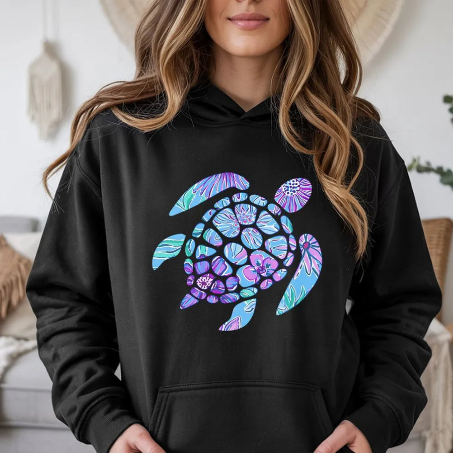 Floral Sea Turtle Hoodie | Trendy Watercolor Tortoise Graphic | Cozy Cotton Blend Pullover | Ocean Conservation Gift for Her