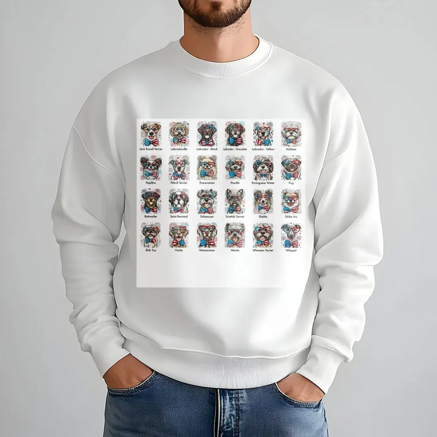 Patriotic Dog Breeds Chart Sweatshirt | American Flag Glasses Graphic Tee | Soft 100% Cotton | Gift for Dog Lovers & Vets