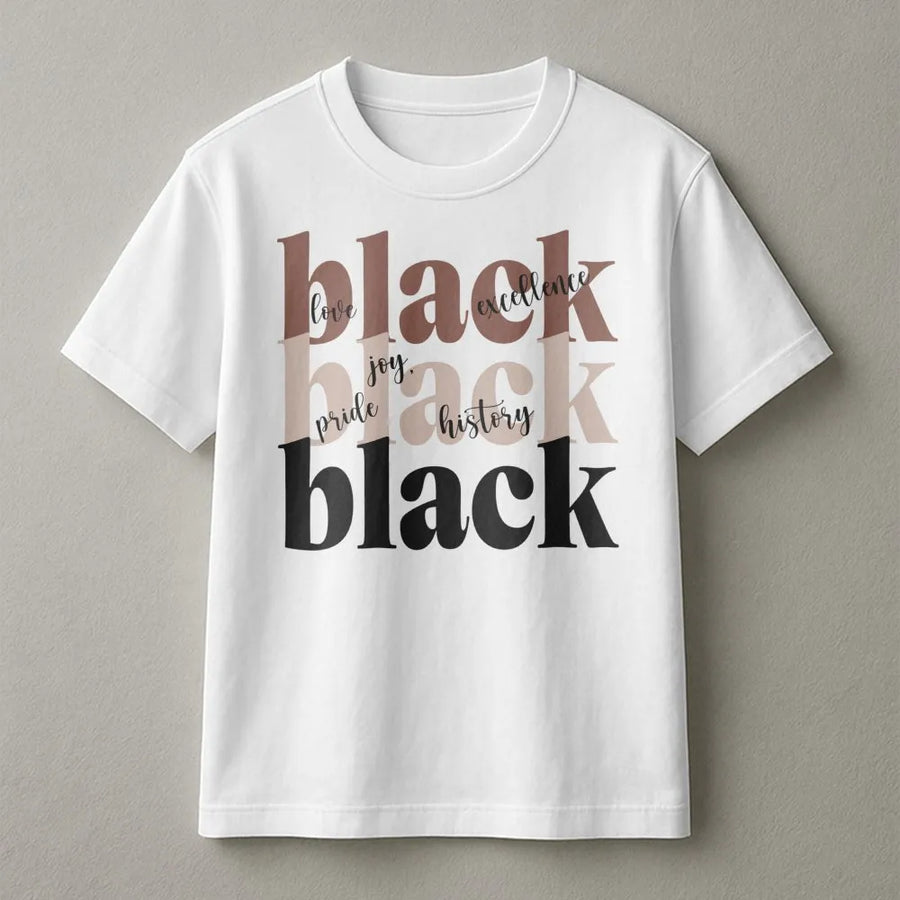 Black History Month T-Shirt | Love Joy Excellence Pride Typography Design | 100% Soft Cotton Tee | Empowering African American Heritage Gift