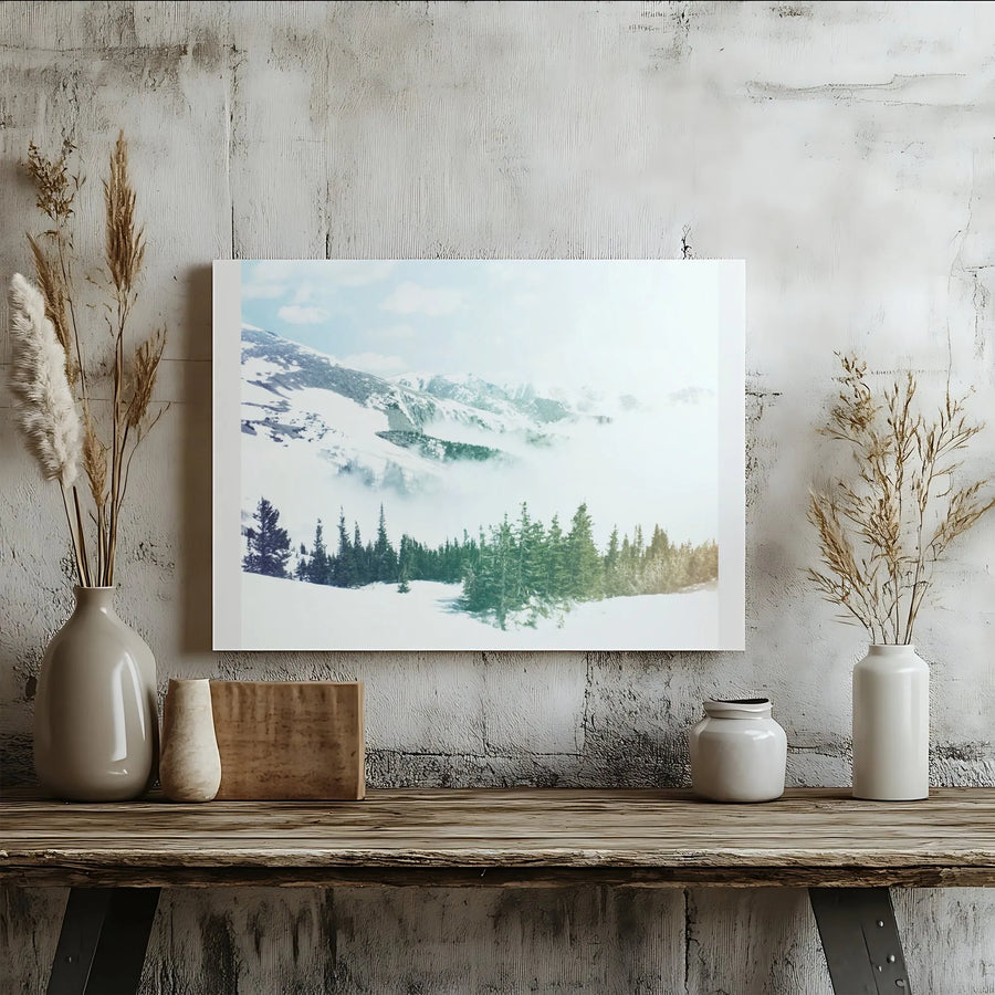Snowy Mountain Landscape Canvas Art | Misty Pine Forest Photography | Premium High-Resolution Print | Living Room Decor Gift for Nature Lovers